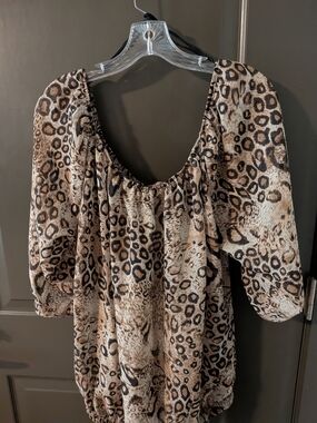 Libian Brown and Black Leopard Print Peasant Blouse